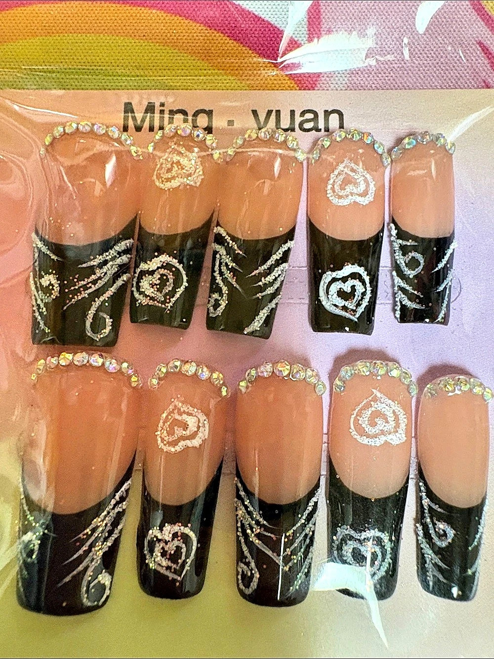 Black & Pink Heart Press-On Nails NWT